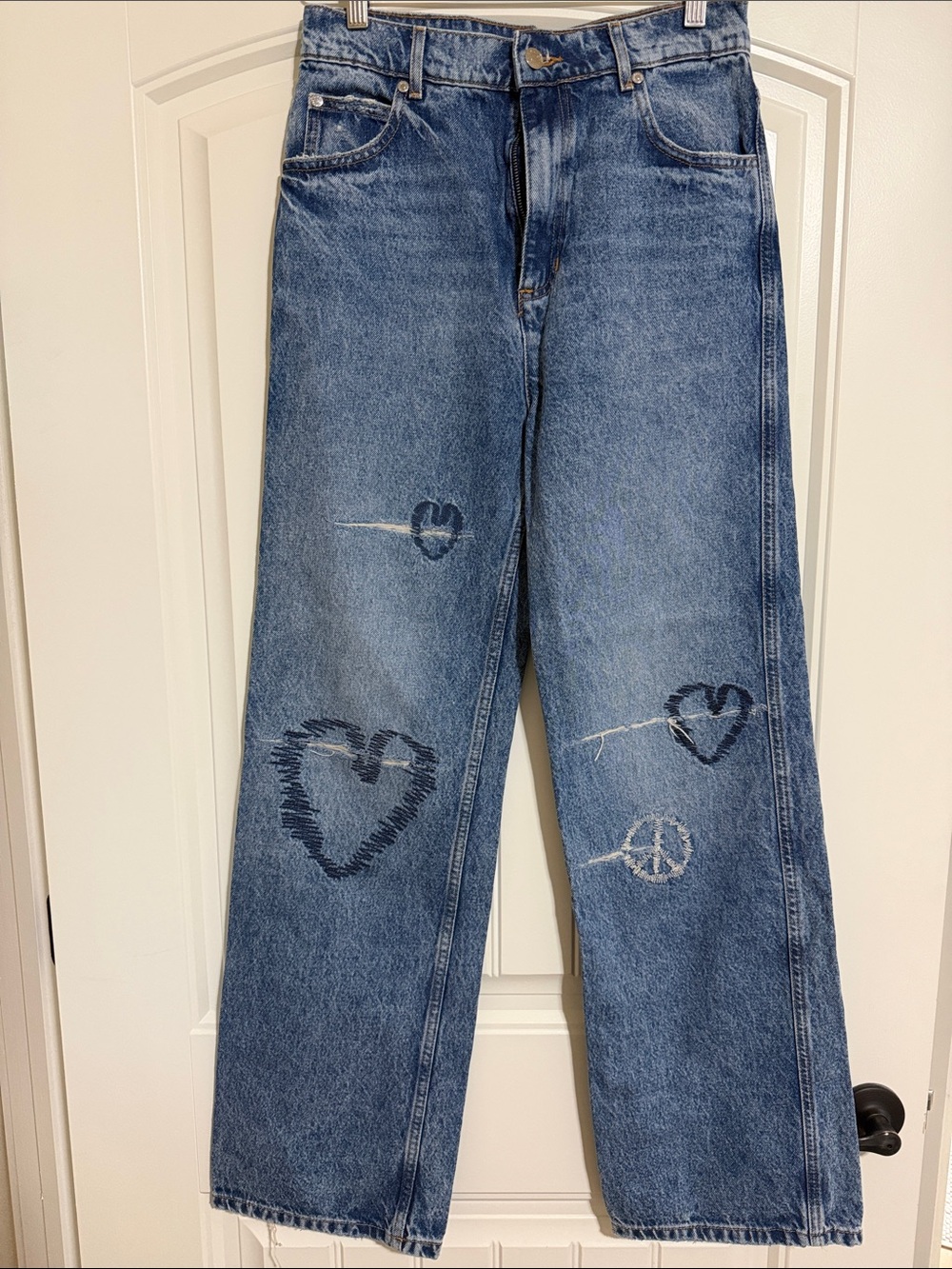 Sandro Blue Straight-Leg Jeans with Heart Stitching